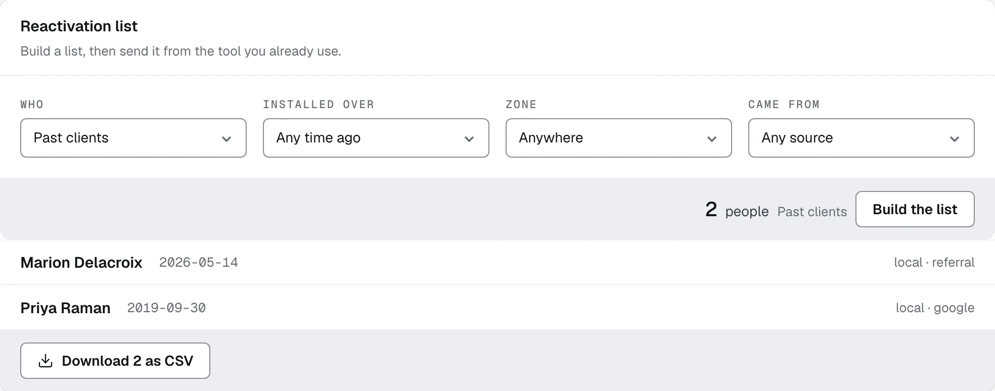 The reactivation list builder with its four filters, the list it built, and the button that downloads it as CSV