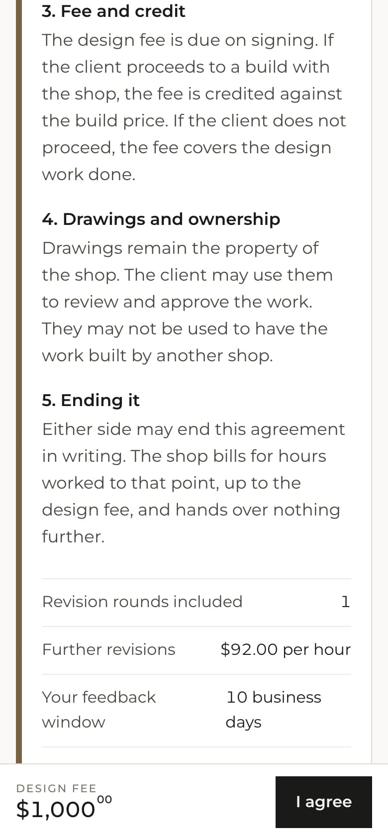 The design agreement on a client's phone, with the clauses on screen and the sticky bar carrying the fee and the I agree button