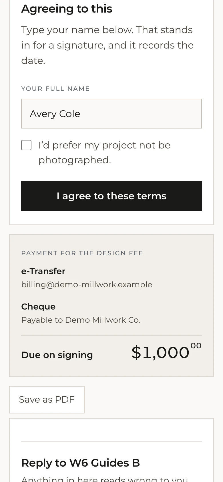 The signing block on a client's phone: the name field, the photography choice, the button that records agreement, and the payment details under it