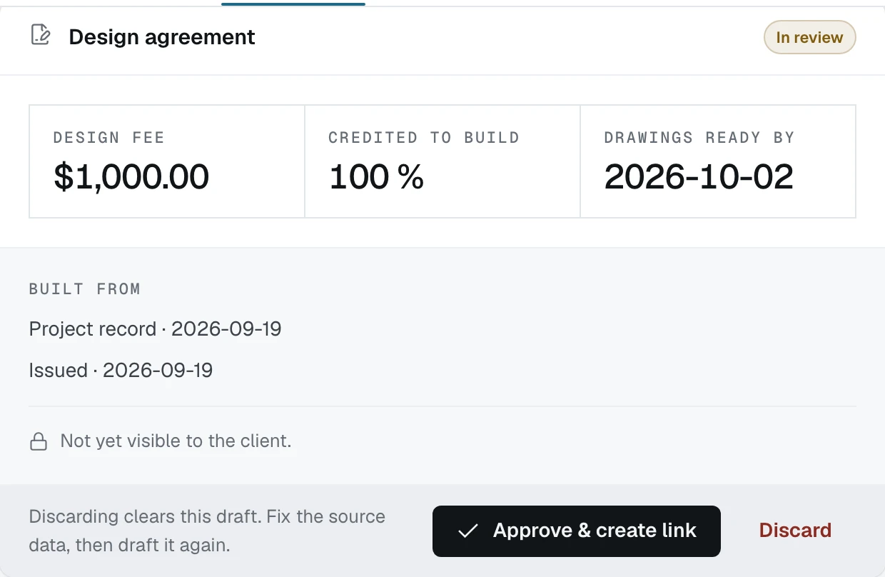The design agreement in review, with the fee, the credit and the date the drawings are ready, above Approve and create link