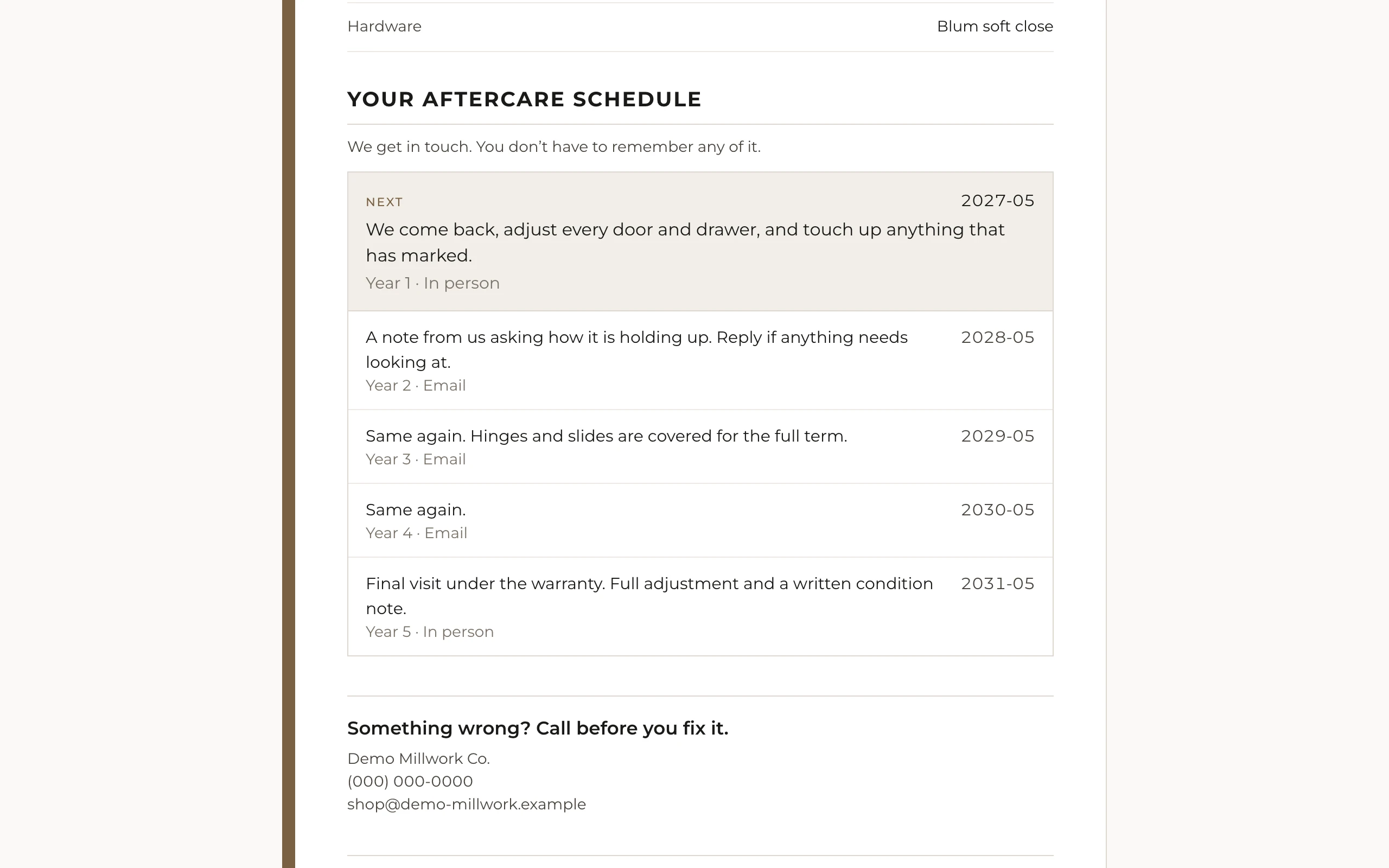 The client's aftercare schedule on the care manual, with the line saying the shop gets in touch and the next visit marked