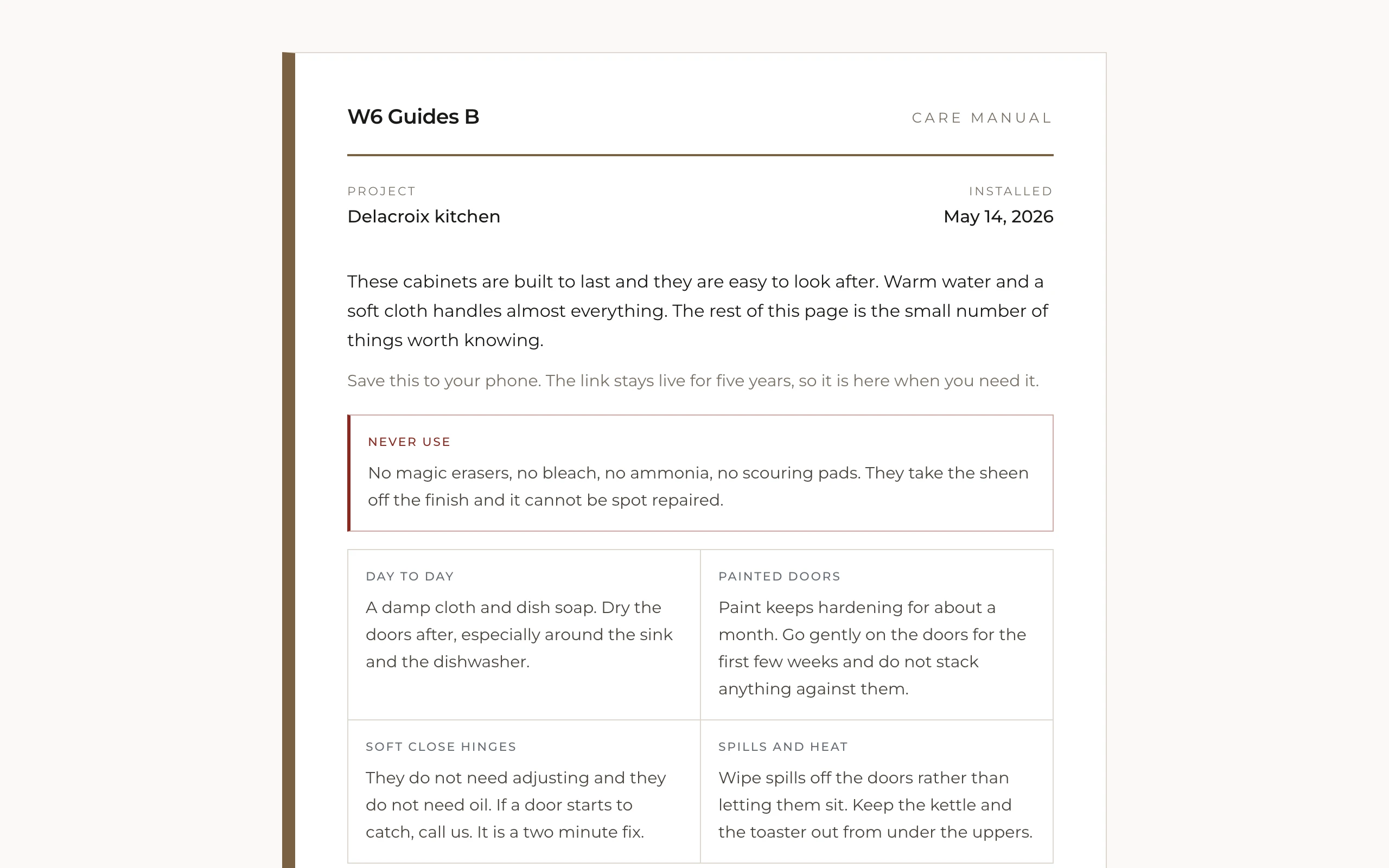 The care manual a client opens, with the project and install date, the line about saving it, and the Never use warning box