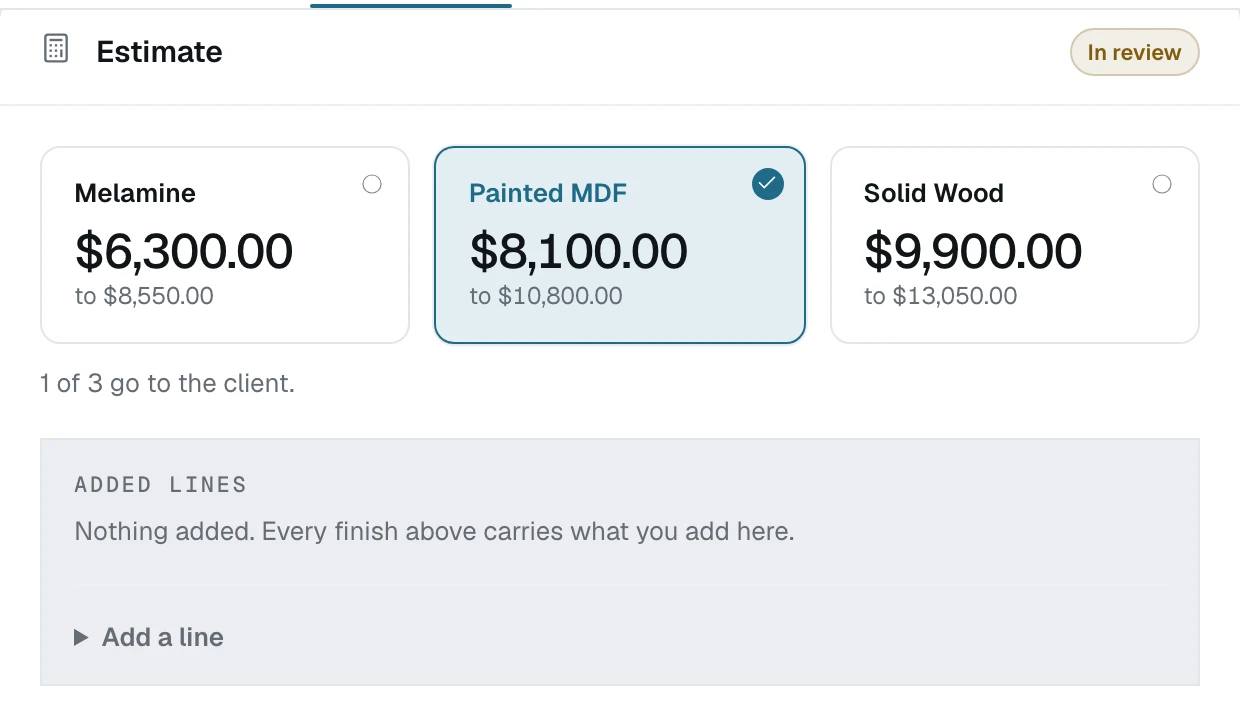 An estimate in review, with three finish families priced and one ticked to send