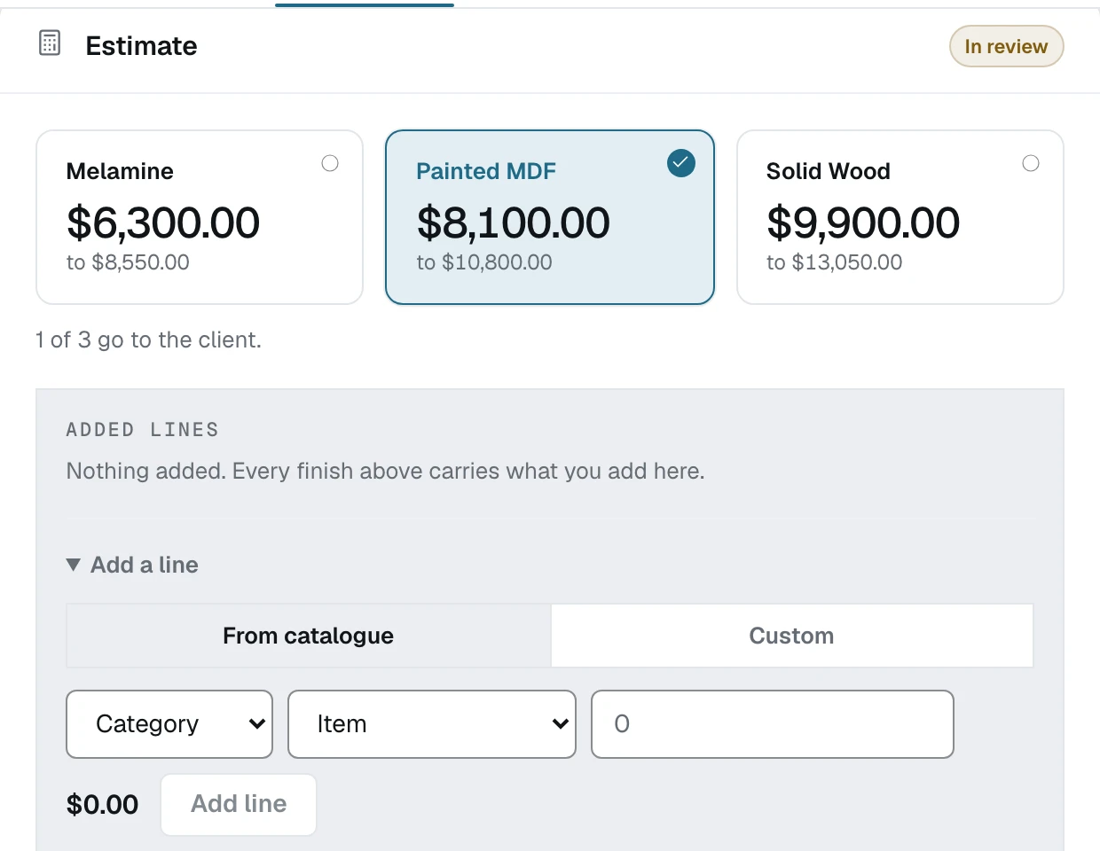The Add a line panel open inside an estimate in review, with a From catalogue tab and a Custom tab