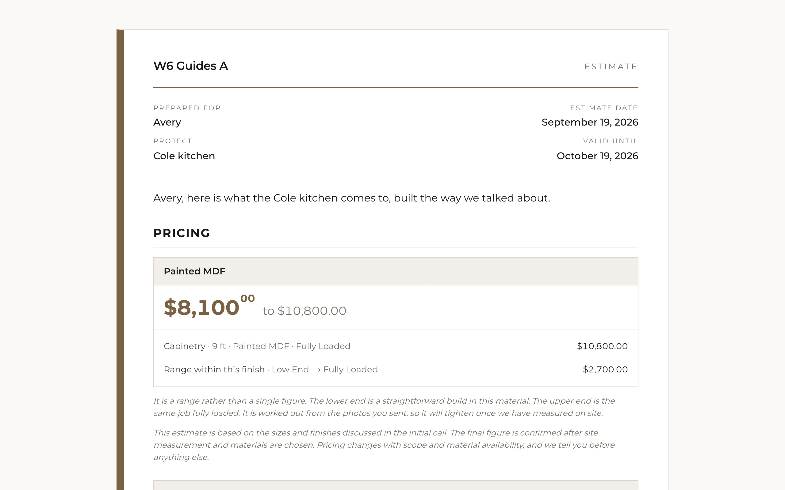 The client's own estimate page, on the shop's letterhead, with the finishes the owner ticked as their own ranges
