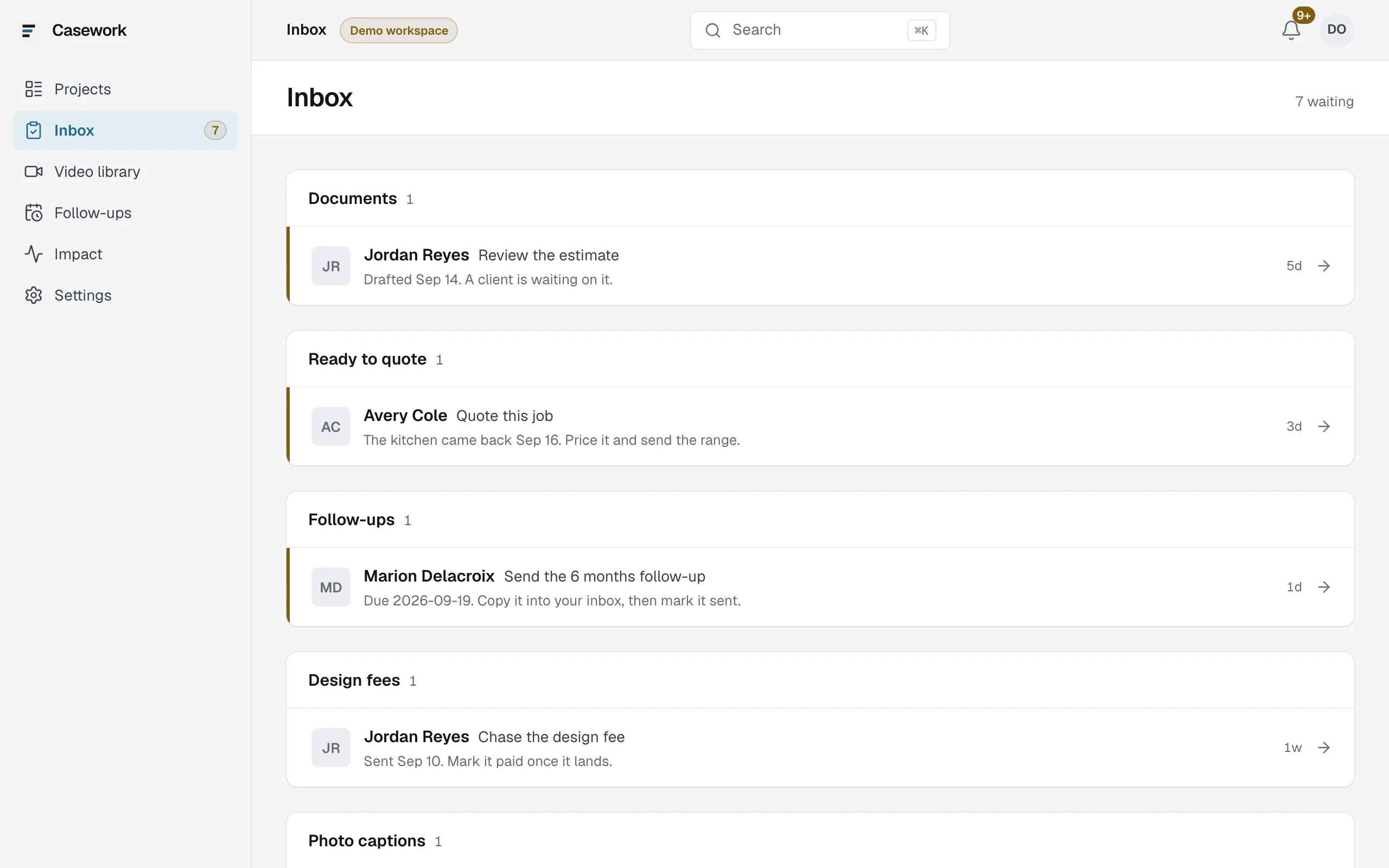 The inbox with all seven kinds of row grouped: documents, ready to quote, follow-ups, design fees, photo captions, video summaries and links closing