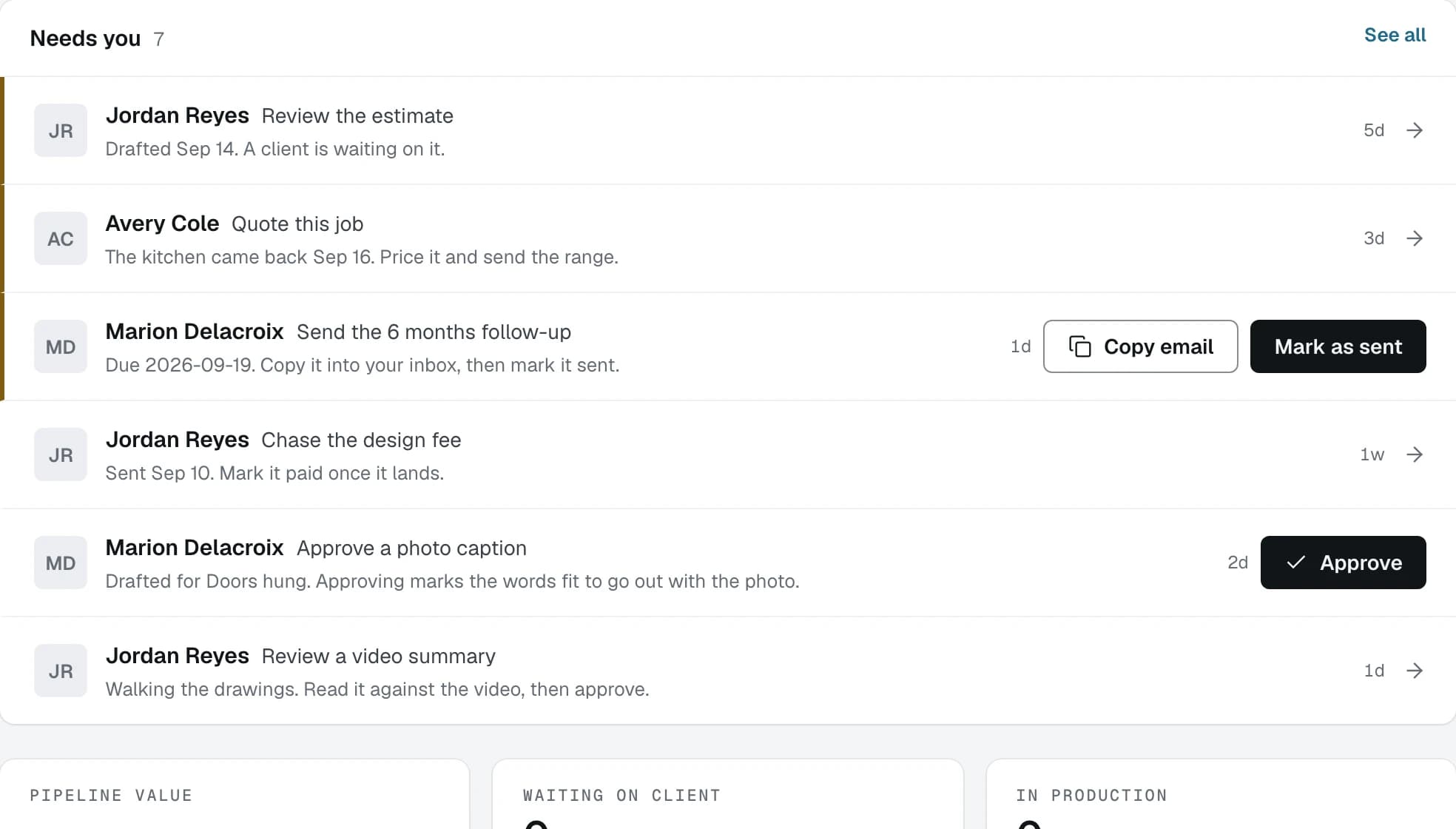The Needs you card on the dashboard, with the top of the same list the inbox holds and the rows that have a client waiting marked out