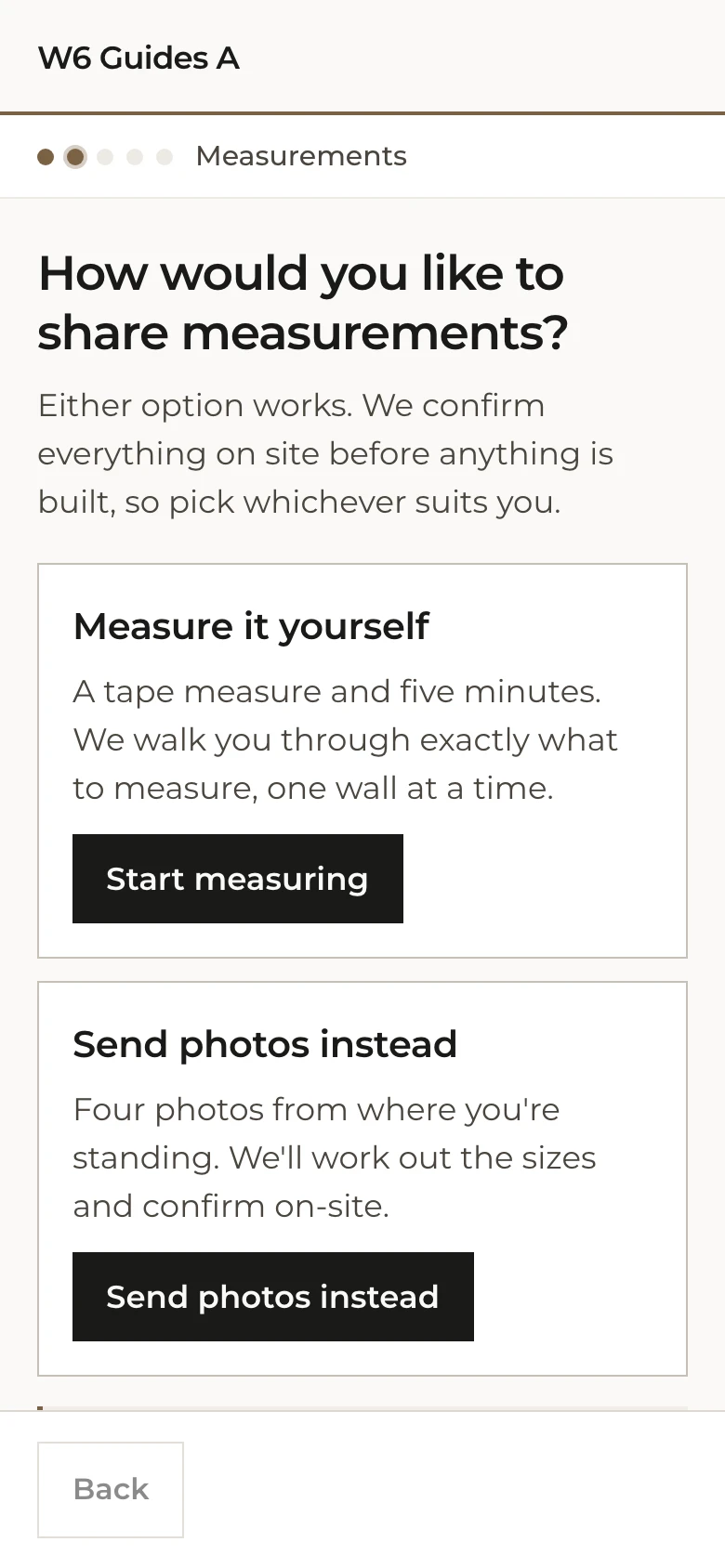 The Measurements step of the client's intake, offering Measure it yourself and Send photos instead as two boxes of equal weight