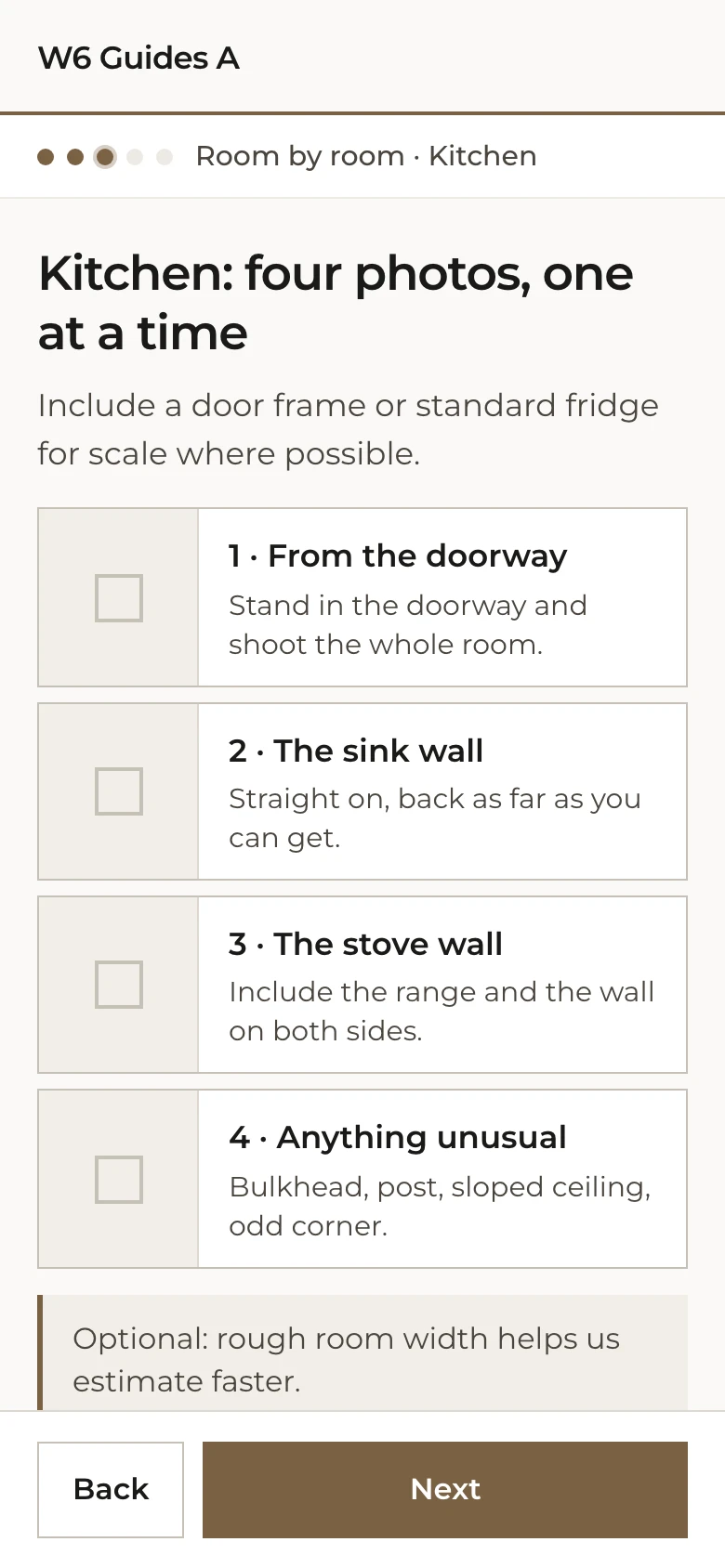 The photo path of the client's intake, with four numbered prompts saying where to stand for each shot