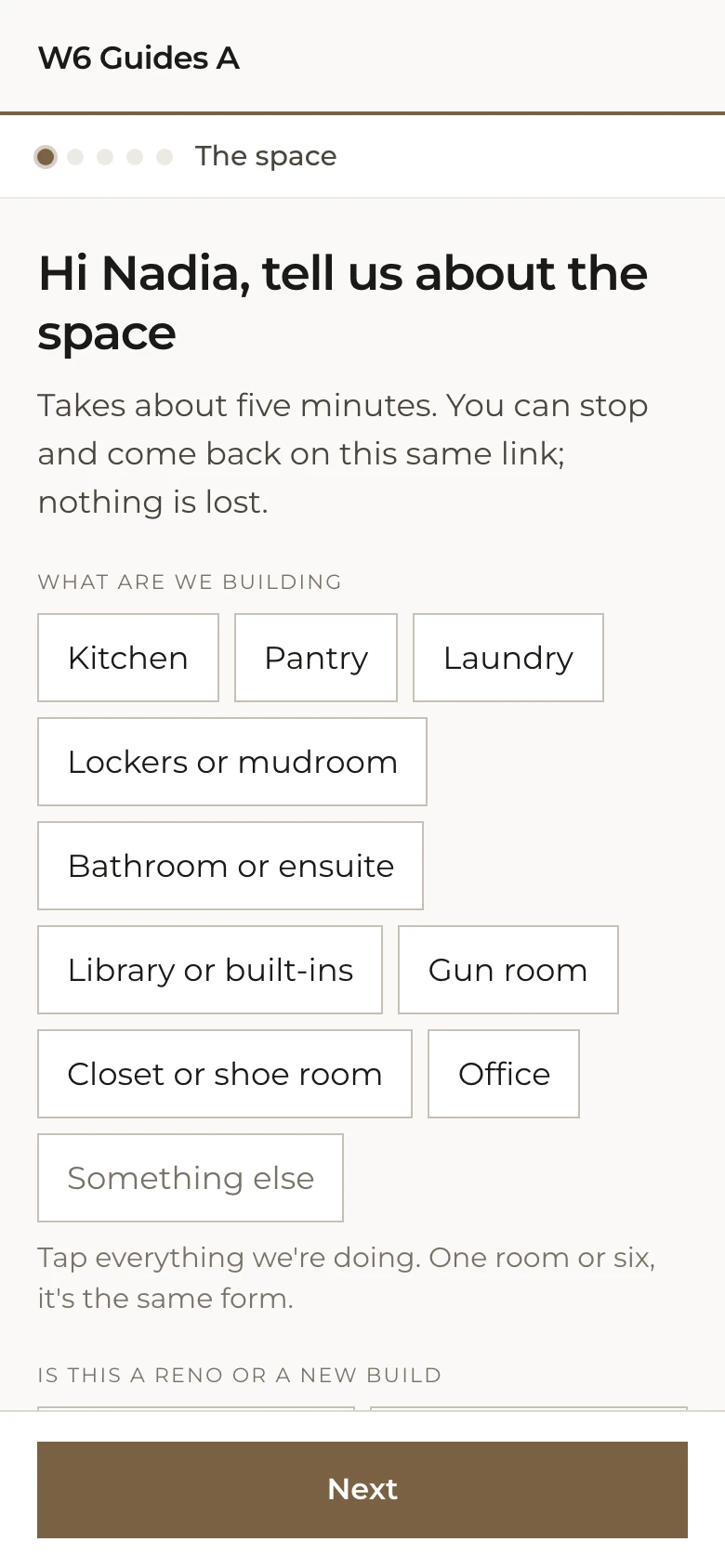 The first step of the client's intake form on a phone, asking what is being built with ten room types to tap