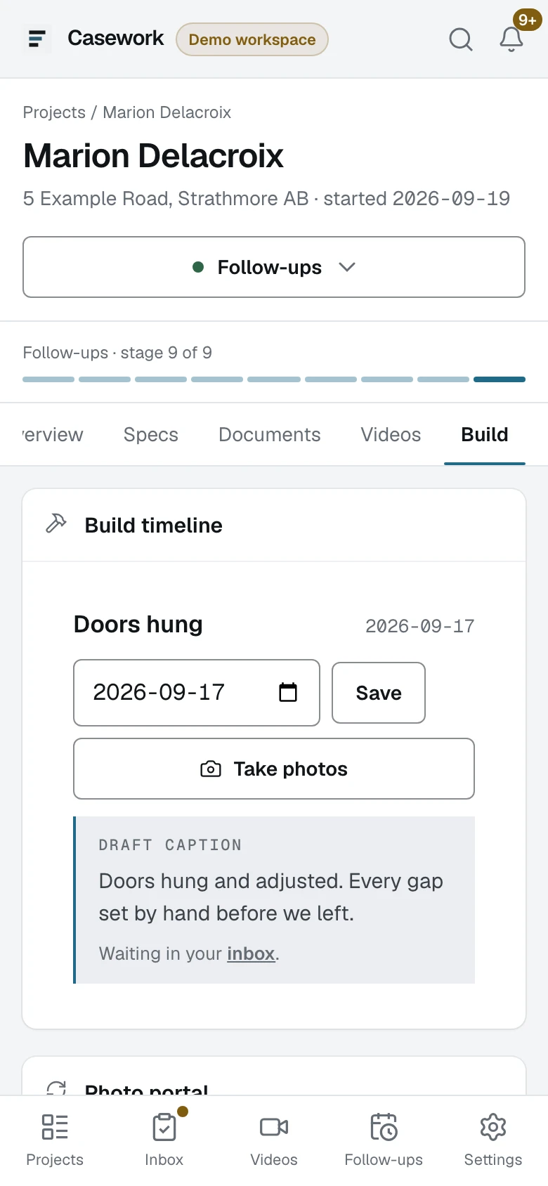 A build step on a phone, with its date, the control that photographs it and the caption box under it