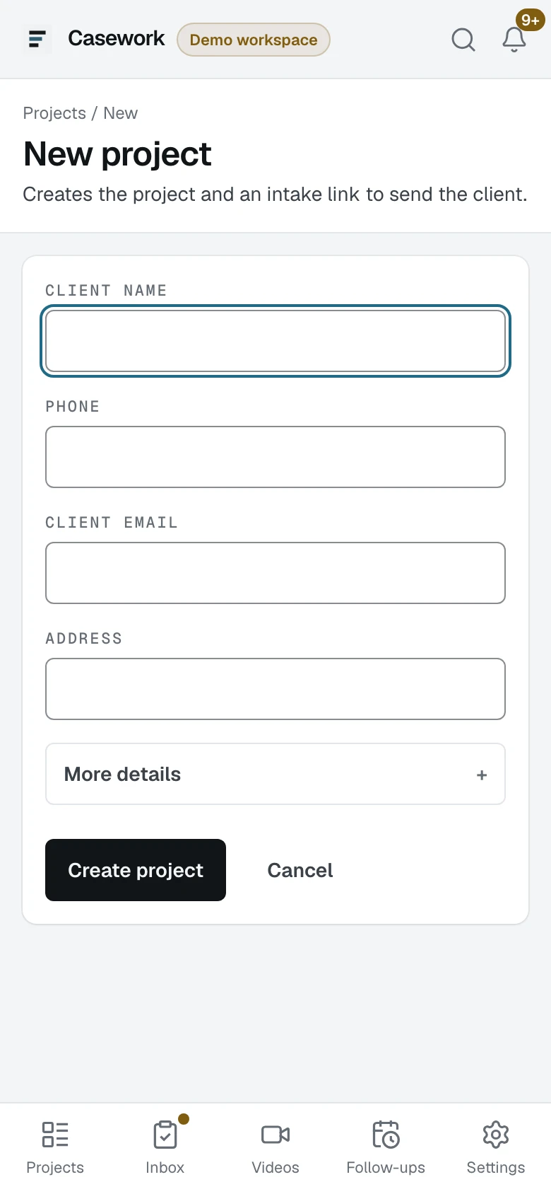 The New project form on a phone, with the client's name, phone and email, and the line saying it creates the project and an intake link