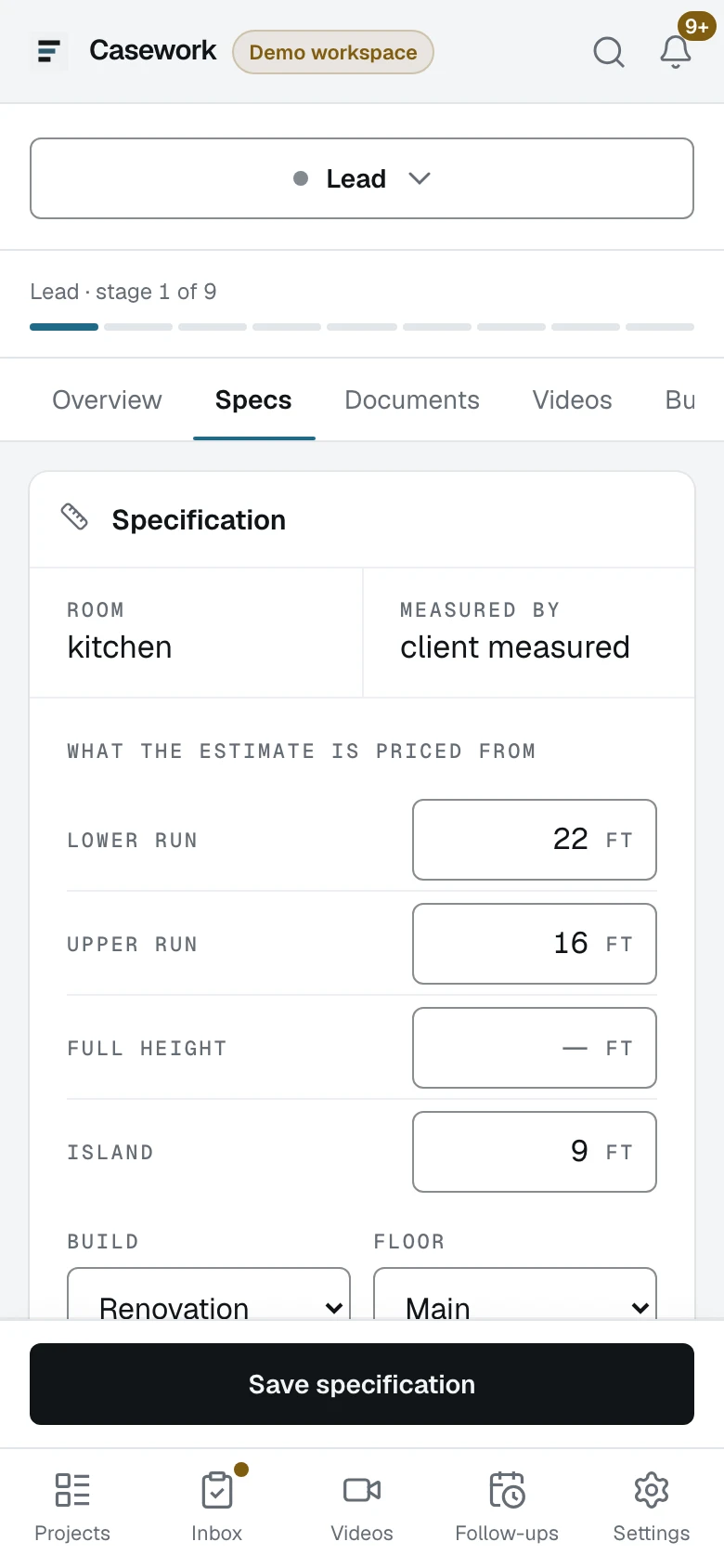 The specification on a phone, with lower, upper and full height in feet and the Save bar following the page down