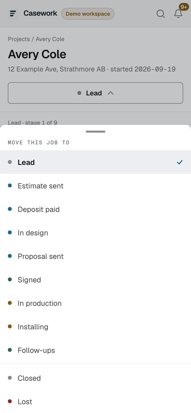 The stage sheet open on a phone, headed Move this job to, with every stage a job can move to and the two outcomes under a rule