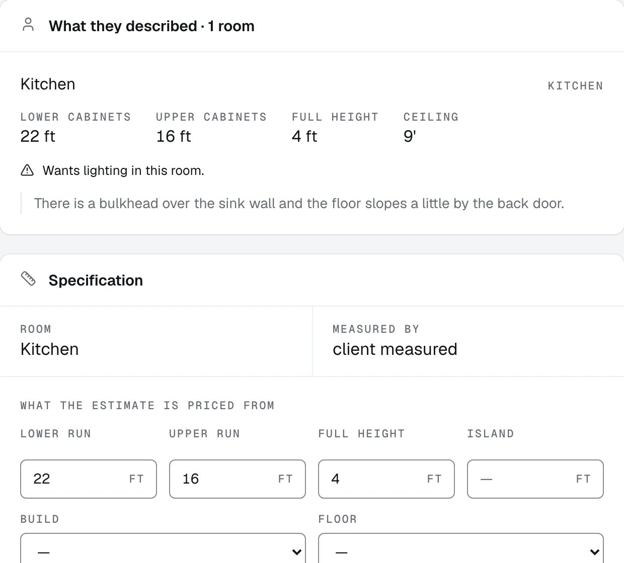 The What they described card on a project's Specs tab, with the client's own measurements for the room and the note they left on it