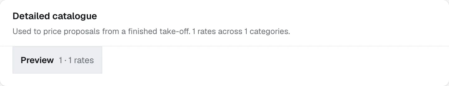 The Detailed catalogue card on the Pricing tab of Settings, with its categories as a strip of chips, each naming its blocks and its rate count