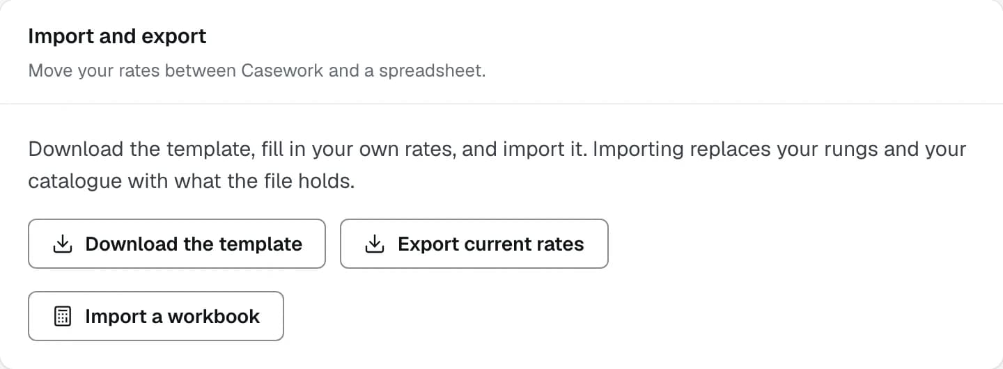 The Import and export card on the Pricing tab of Settings, with the workbook download and the file picker that reads a shop's own rates back in