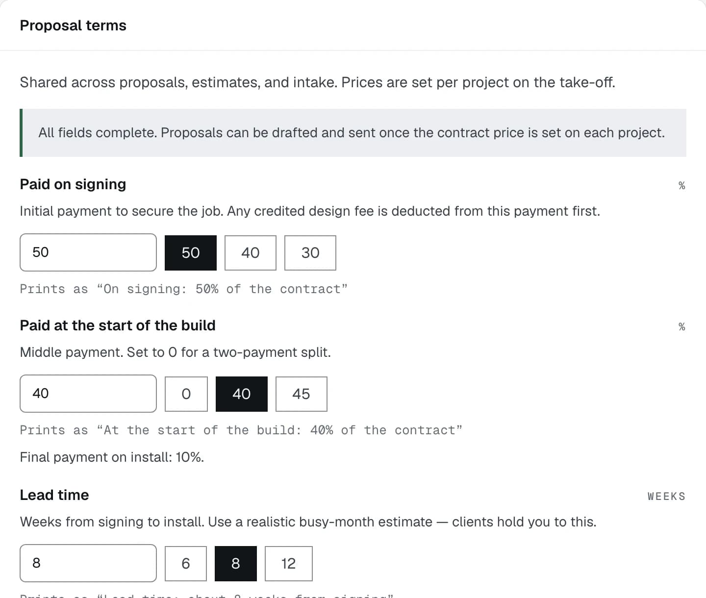 The Proposal terms card on the Terms tab of Settings, open on its form, with the payment split and the lead time