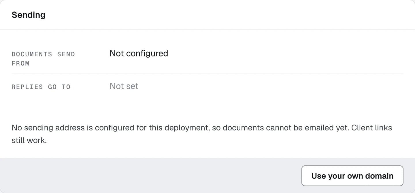 The Sending card on the Shop tab, naming the address documents go from, the address replies come back to, and the button that starts a shop's own domain