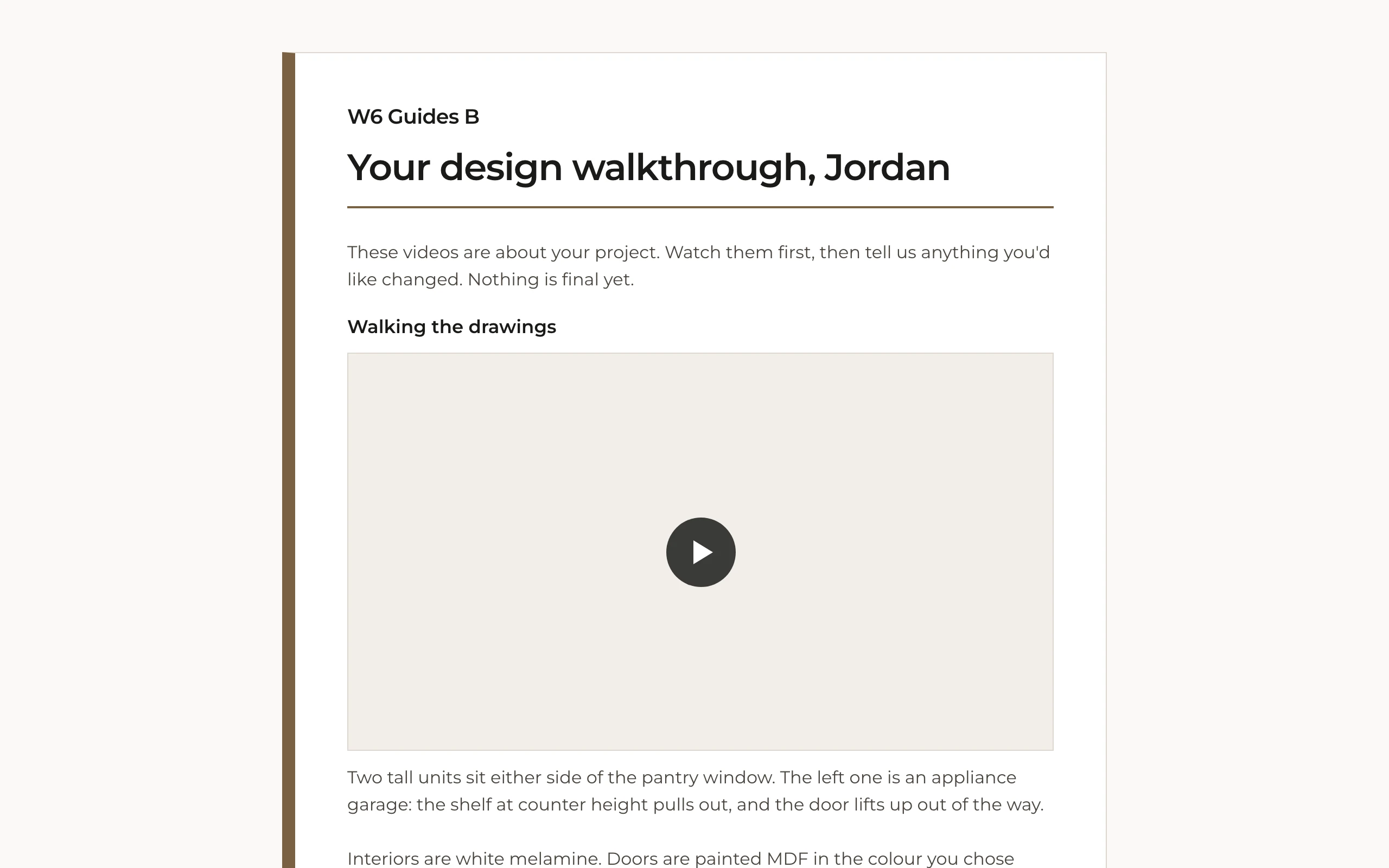 The top of the walkthrough page a client opens: the shop's name, the client's own greeting, the note that nothing is final yet, and the first video